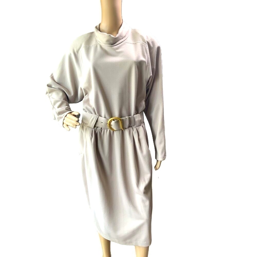 J.B. Wright Ltd. Tan High Neckline Waist Belt Polyester Womens Dress Size 14